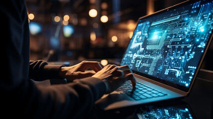 Digital technology, software development concept. Coding programmer, software engineer working on laptop with circuit board and javascript on virtual screen, internet of things IoT.
