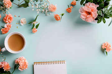 Wall Mural - Flat lay white coffee cup on blue table next to a notebook and a vase of coral flowers. Concept of calm and relaxation