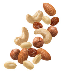 Wall Mural - Almond, hazelnut, peanut, cashew nut and raisins flying isolated on white background. Vertical layout