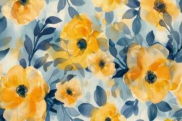 Elegant Yellow Floral Pattern on Blue Background