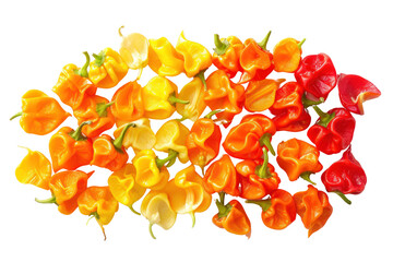 Arrangement of hot orange and yellow habanero peppers radiating heat, isolated on white background.