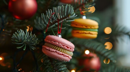 Colorful Macarons Decorated Christmas Tree with Festive Lights