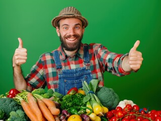 Proud Farmer Celebrating Bountiful Harvest with Thumbs Up in Green Field - Copyspace Below