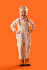 Sticker - Cute little girl dressed for Halloween as scarecrow on orange background