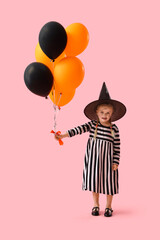 Sticker - Cute little girl dressed for Halloween as witch with balloons on pink background