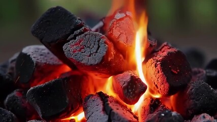 Wall Mural - a close up of glowing charcoal igniting, showcasing vibrant flames and smoke, evoking warmth and out