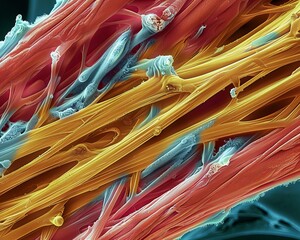 Microscopic view  collagen fibers in tendon structure for muscle contraction resilience