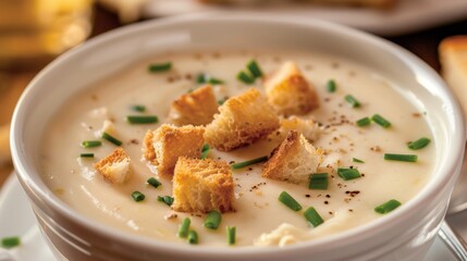 Wall Mural - Creamy Potato Soup with Croutons and Chives Close-up