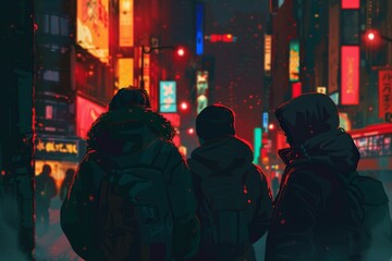 Canvas Print - Friends exploring a busy city street at night, illuminated by streetlights, with buildings in background, Friends exploring a busy cityscape at night