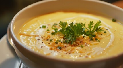 Wall Mural - Creamy Vegetable Soup Garnished with Herbs and Spices. Coconut Curried Cauliflower Soup