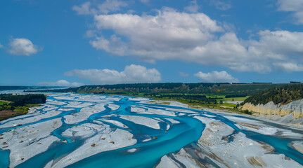 The aerial view with a ecosystem of the River lagoon Valley and blue water river