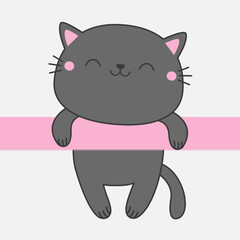 Poster - Cat hanging on pink ribbon. Peeking gray kitten. Paw print hands, legs. Line contour silhouette. Hand drawn doodle. Cute cartoon character. Funny Kawaii pet animal. Flat design White background Vector