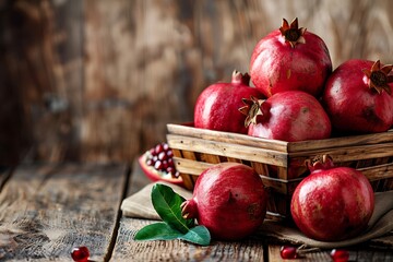 Wall Mural - red pomegranate on a wooden table