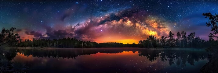 Wall Mural - Night sky with Milky Way over a pond