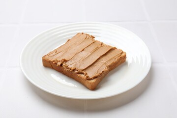 Wall Mural - Delicious sandwich with peanut butter on white tiled table, closeup