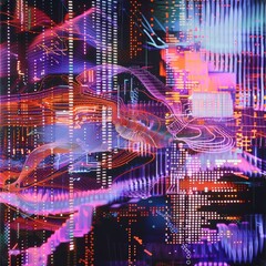 Wall Mural - An abstract representation of digital data, with pixelated patterns, circuit-like pathways background chaotic style