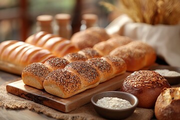 Freshly Baked Assortment of Breads on Rustic Wooden Table with Grain Background