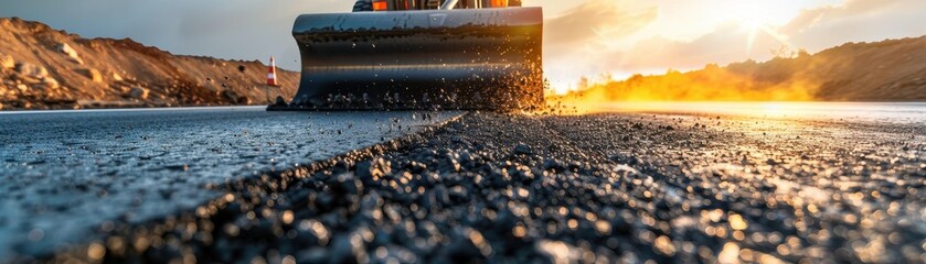 Wall Mural - Road Construction with Heavy Machinery at Sunset Creating a Smooth Asphalt Surface for Transportation Infrastructure