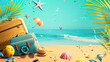 Beach accessories on sand, sea and sky background. summer travel concept. 3d rendering