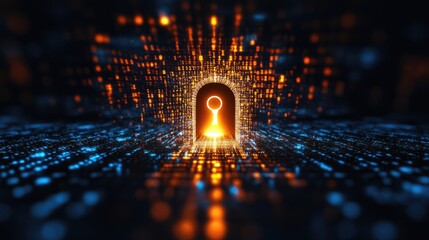 Abstract binary code background with a luminous keyhole in the center, glowing with light.