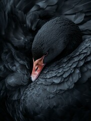 picture of a black swan tucked in underneath its wing , elegant , 4k nature photopgraphy