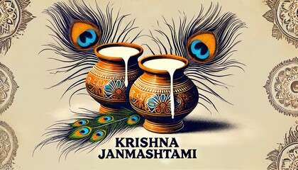 Wall Mural - Watercolor illustration for krishna janmashtami with pots with milk and peacock feathers.