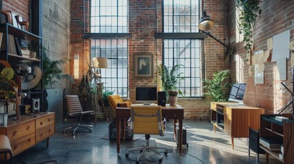 Modern Loft Office Interior with Large Windows