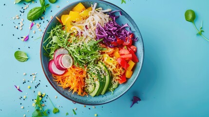 Poster - Nutritious Buddha Bowl with Colorful Ingredients on Blue Background