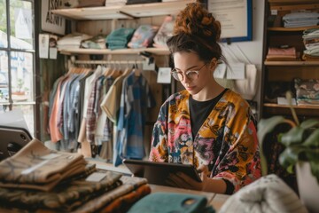 Boutique owner uses tablet for clothing quality control inspection in her trendy store