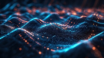 Luminescent digital wave pattern on a deep, dark backdrop, creating a futuristic feel.