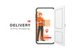 © John k studio - male delivery person in an orange uniform is standing with parcel box or cardboard box, waiting to deliver it at the customer's doorstep, which resembles smartphone, vector 3d for online shopping