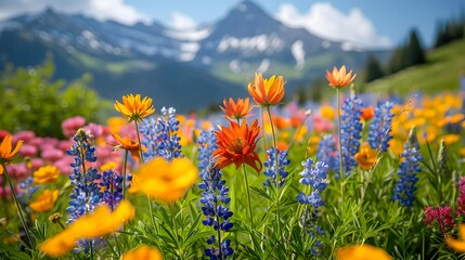 Canvas Print - A vibrant field of wildflowers in full bloom against a backdrop of majestic snow-capped mountains under a clear blue sky, perfect for outdoor, nature, and seasonal-themed designs and promotions,