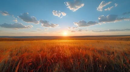 Canvas Print - A serene sunset over a vast, golden wheat field with scattered clouds ideal for nature, agriculture, and tranquility concepts and backgrounds,