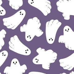 Wall Mural - Simple seamless pattern with ghosts on a purple background. Vector graphics.