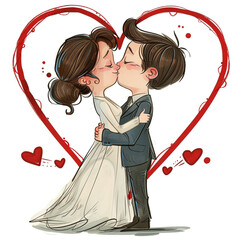 Wall Mural - Cartoon-style drawing, groom in suit with blue jacket and grey tie, kissing the bride by embracing her, inside a thin red heart