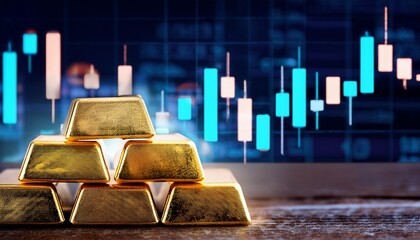 Gold bars with fluctuating stock market graphs in the background, gold trading, market volatility