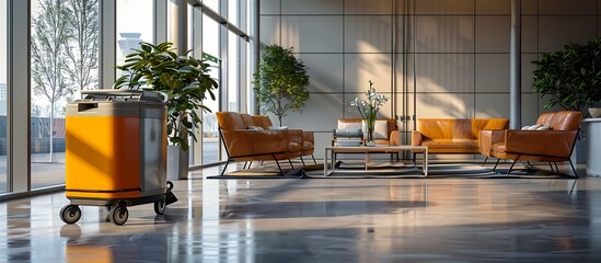 Compact cleaning trolley in the lobby of a sleek office building, featuring minimalist furniture and design.