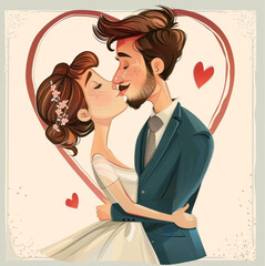 Wall Mural - Cartoon-style drawing, groom in suit with blue jacket and grey tie, kissing the bride by embracing her, inside a thin red heart