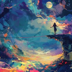 Wall Mural - Unrealistic brilliant landscape with a woman standing on a cliff and clouds and the moonlight