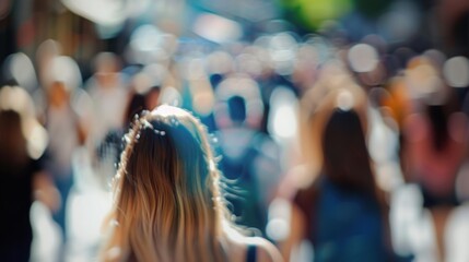 Sticker - A blurry image of a crowd with people walking down the street. AI.