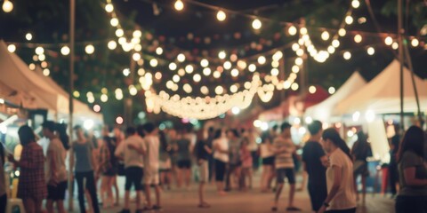 Canvas Print - A group of people are walking around a tent with lights. AI.