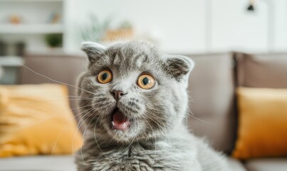 Poster - A gray cat sitting on a couch with its mouth open. AI.