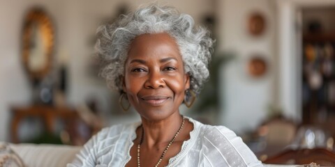 Sticker - A woman with gray hair sitting on a couch smiling. AI.