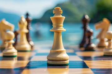 Chess Pieces Strategically Positioned on Chess Board With Lake Background, Generate an image that showcases the competitive analysis and positioning of a company in the market