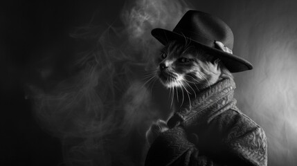 Wall Mural - A cat wearing a hat and smoking in black and white. AI.