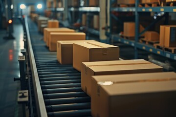 conveyor belt system transporting cardboard boxes inside a distribution warehouse at night