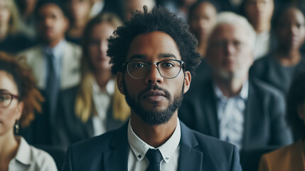 Wall Mural - A man in a suit and glasses stands in front of a crowd of people. The man is wearing a tie and has a serious expression on his face. The crowd is made up of people of different ages and races