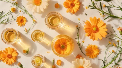 Sticker - Calendula skincare set with flowers on neutral backdrop