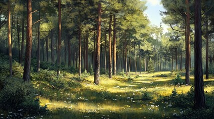 a forest of pine trees during the summer.