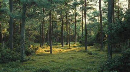 a forest of pine trees during the summer.